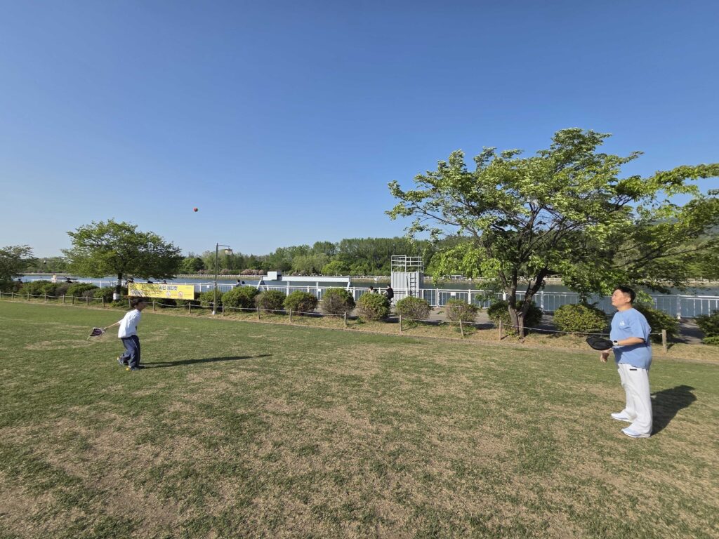 Misari Park Hanam catch on the riverside lawn with the Han River and mountains behind