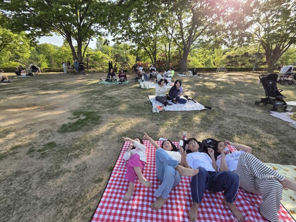 Misari Park Hanam family laid out on a red gingham picnic blanket with a stroller parked nearby