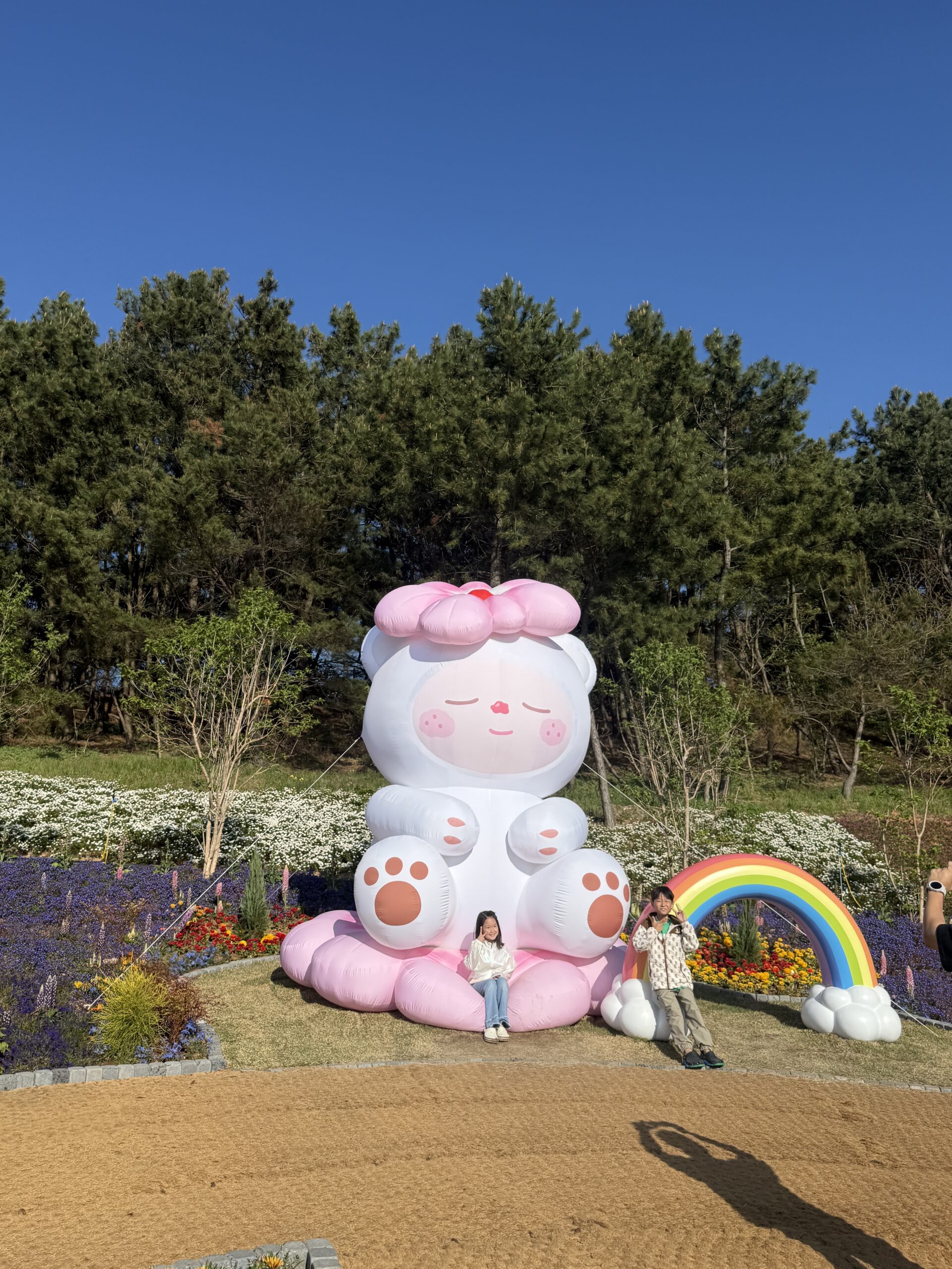Giant pink rabbit and rainbow installation at Taean Horticultural Therapy Expo