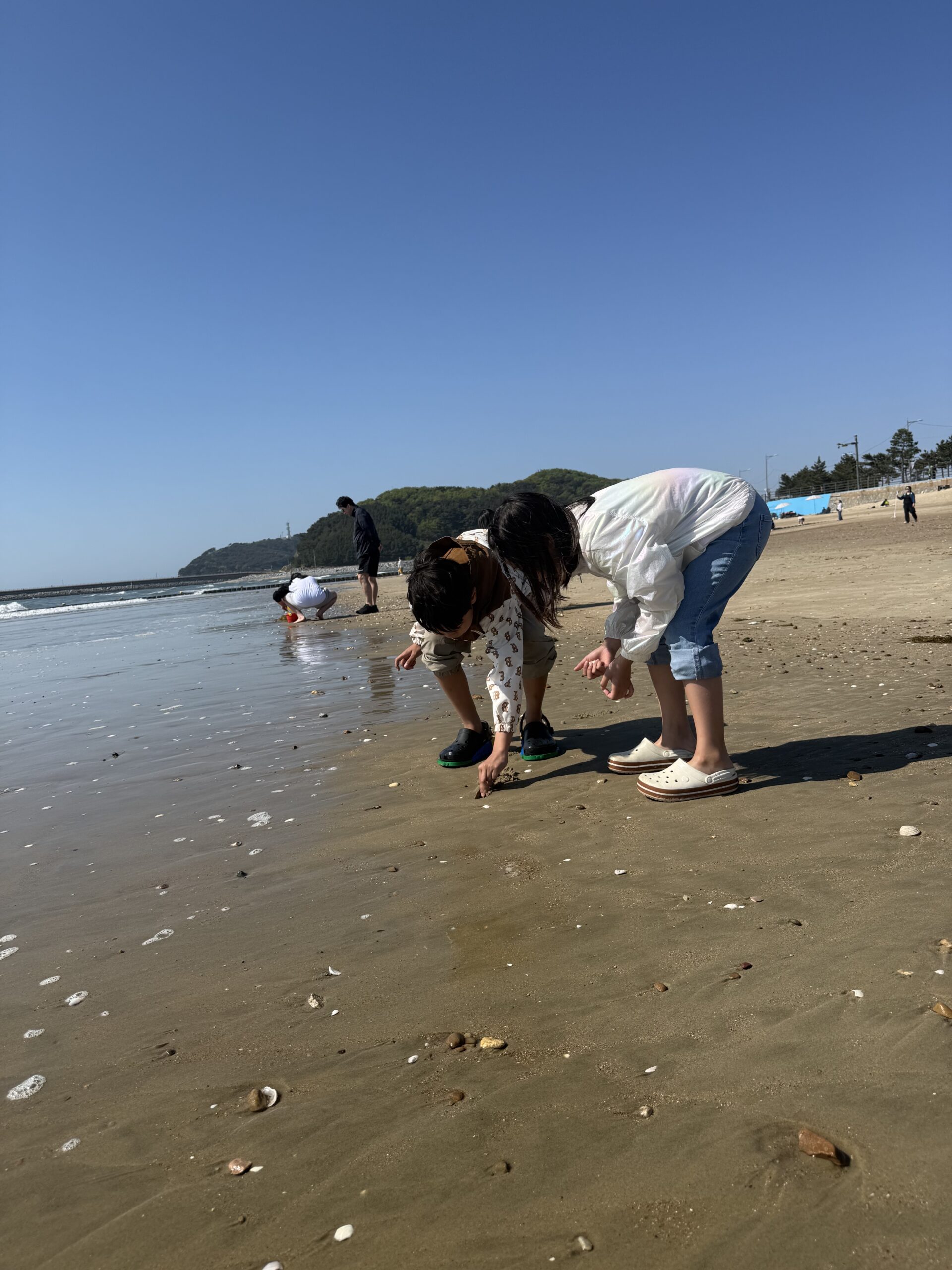 Child collecting shells on Kkotji Beach during family afternoon stop