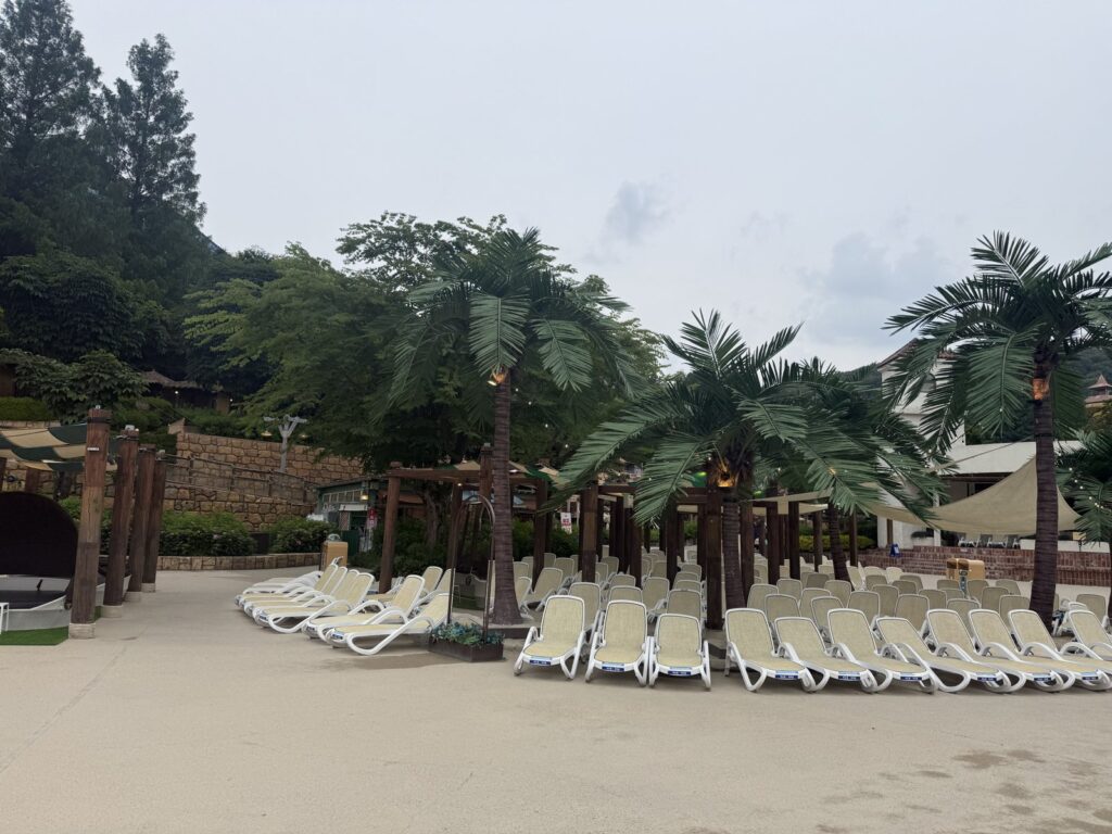 Empty sun loungers under palm trees on a quiet day at Caribbean Bay with kids