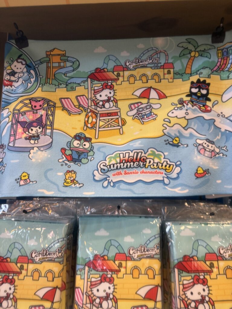 Caribbean Bay with kids Sanrio summer party beach towels on display