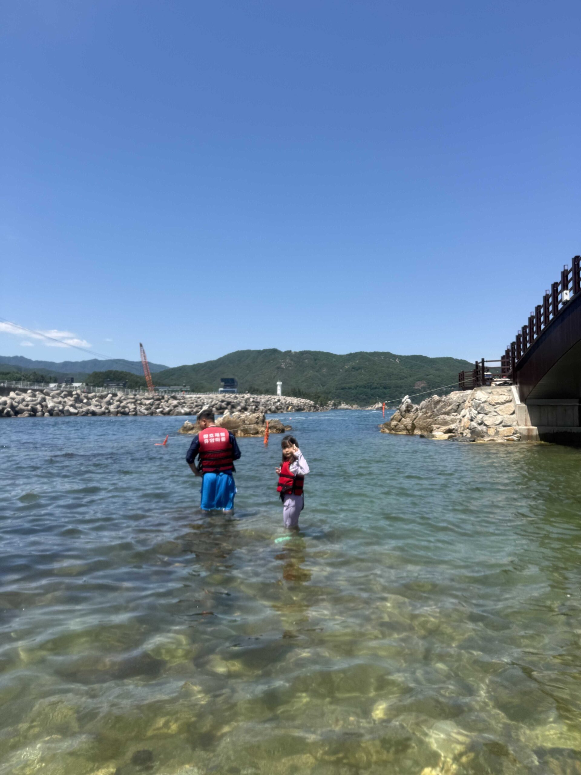 Jangho Beach with kids wading into clear shallow water near the breakwater in Samcheok