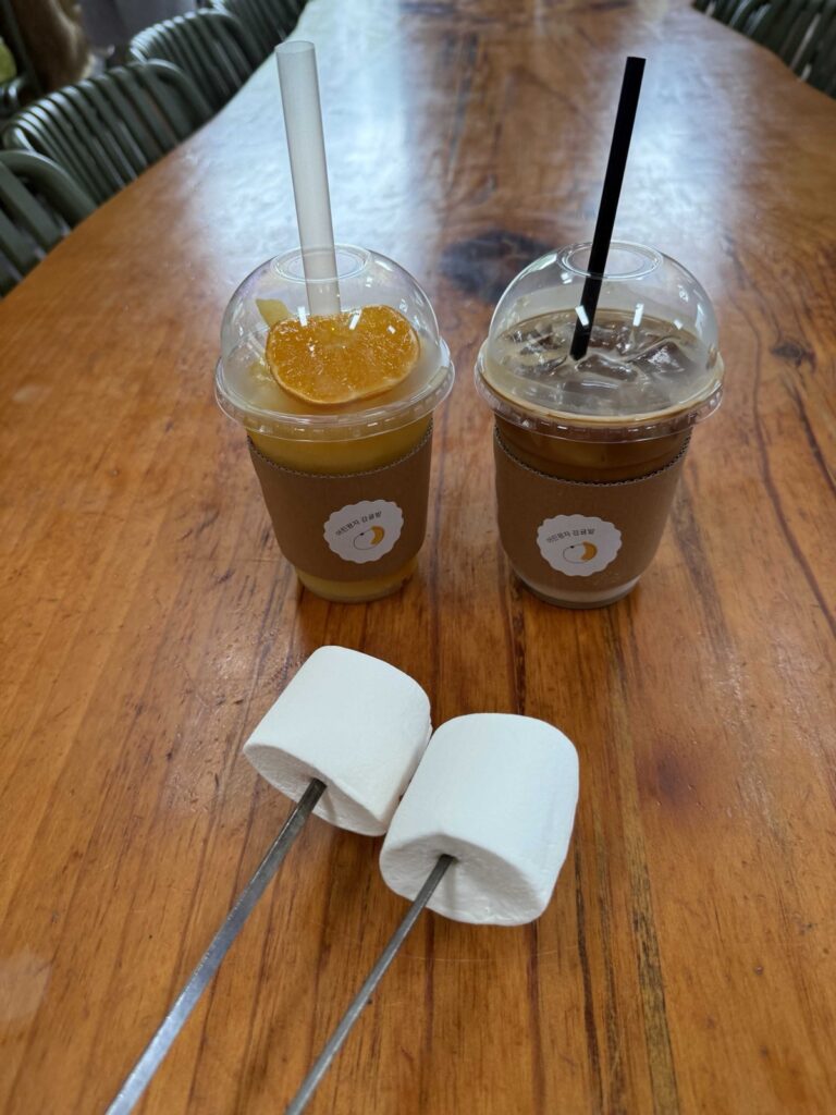 Cafe drinks and marshmallow skewers at Little Prince Tangerine Farm
