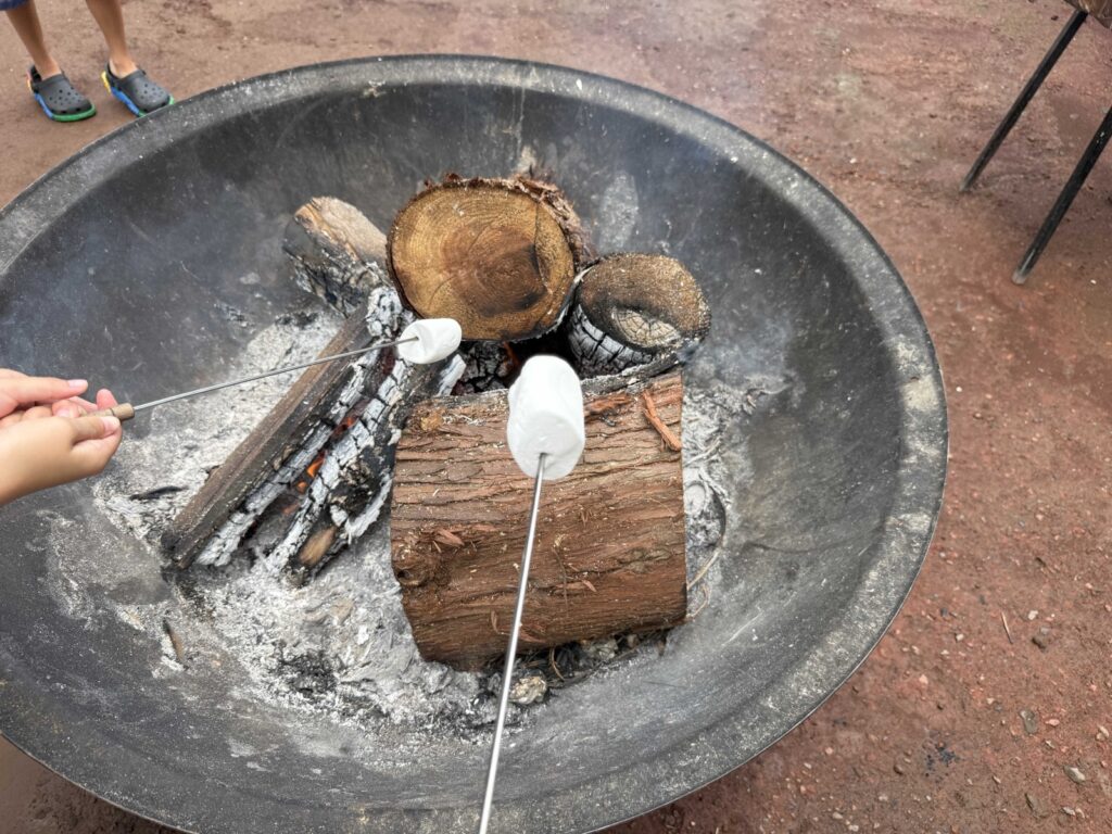 Roasting marshmallows over a fire at Little Prince Tangerine Farm
