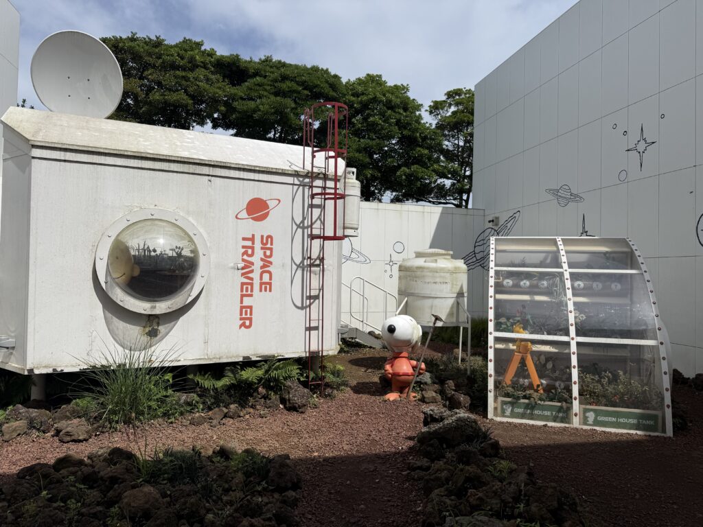 Outdoor Space Traveler Snoopy exhibit in the garden at Snoopy Garden Jeju