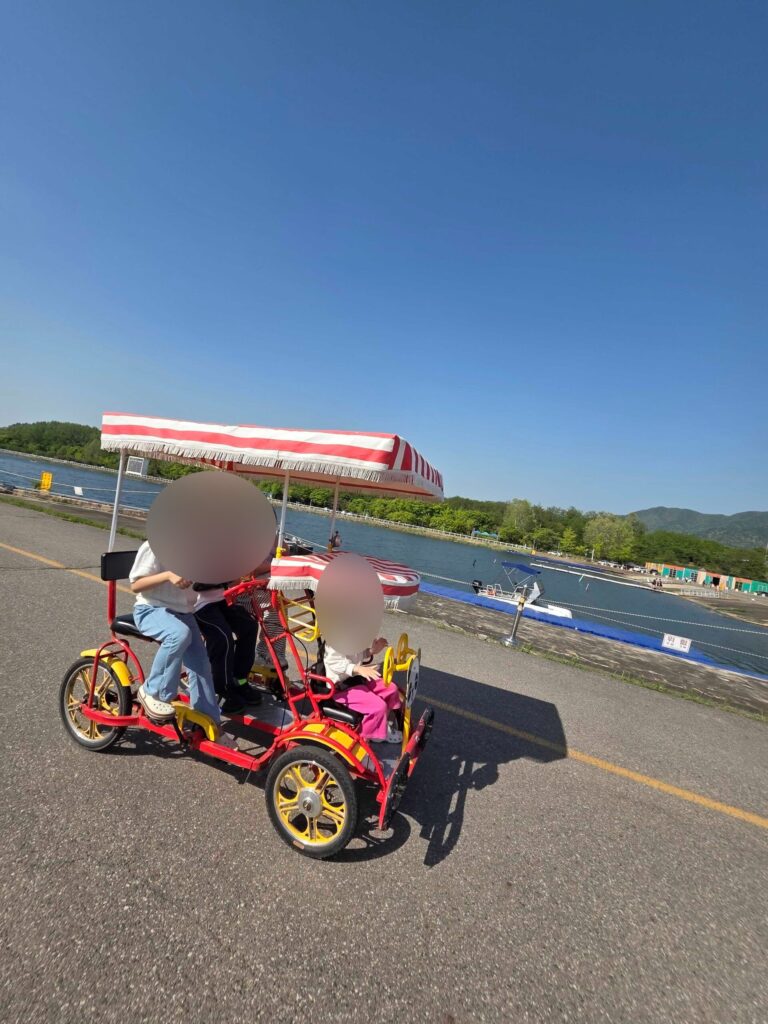 Misari Park Hanam four-seater pedal car with striped canopy on the riverside path with mountains in the background