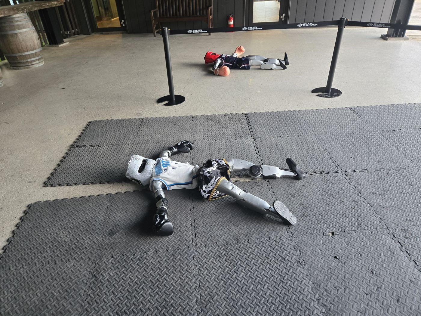Two boxing robots lying on a padded mat after a round